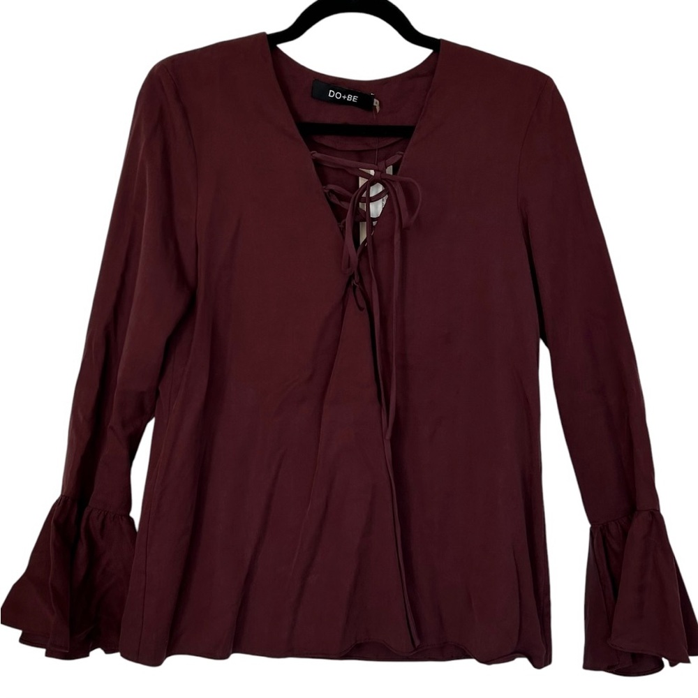 DO+BE Women’s Top Lace Up Burgundy Wine Long Flutter Sleeve Flowy Lightweight S